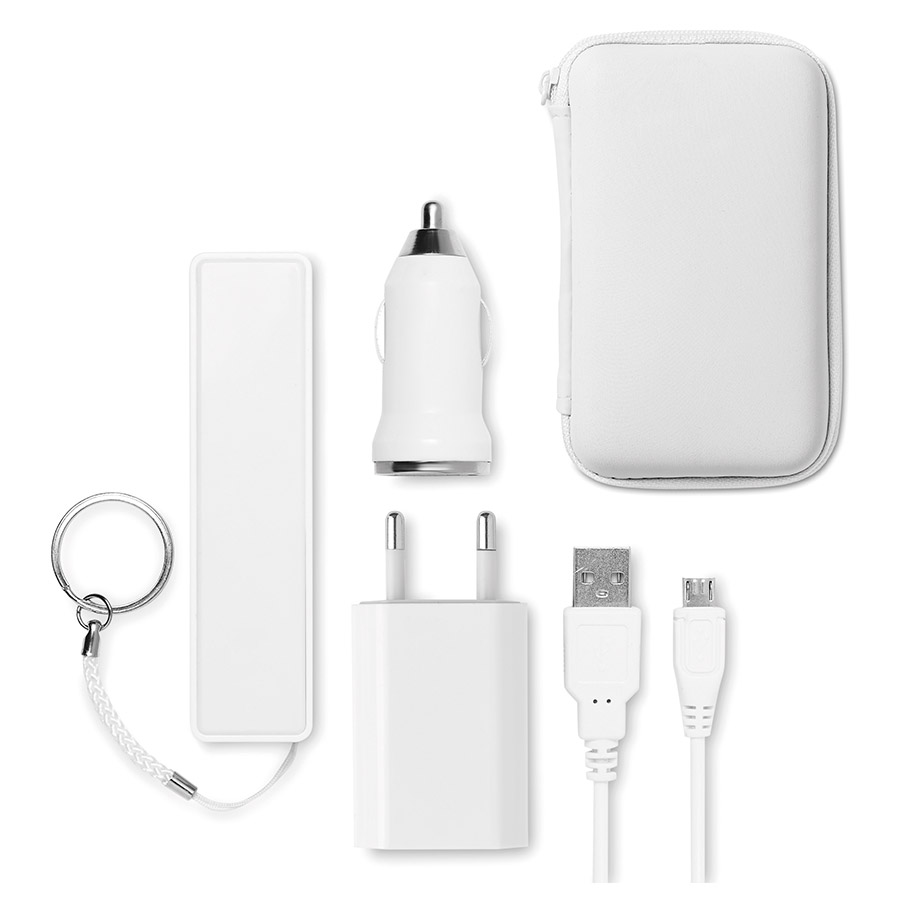 SET PUBLICITAIRE AVEC BATTERIE DE SECOURS 2000 MAH, CHARGEUR ALLUME-CIGARE, CABLE DE CHARGE ET PRISE