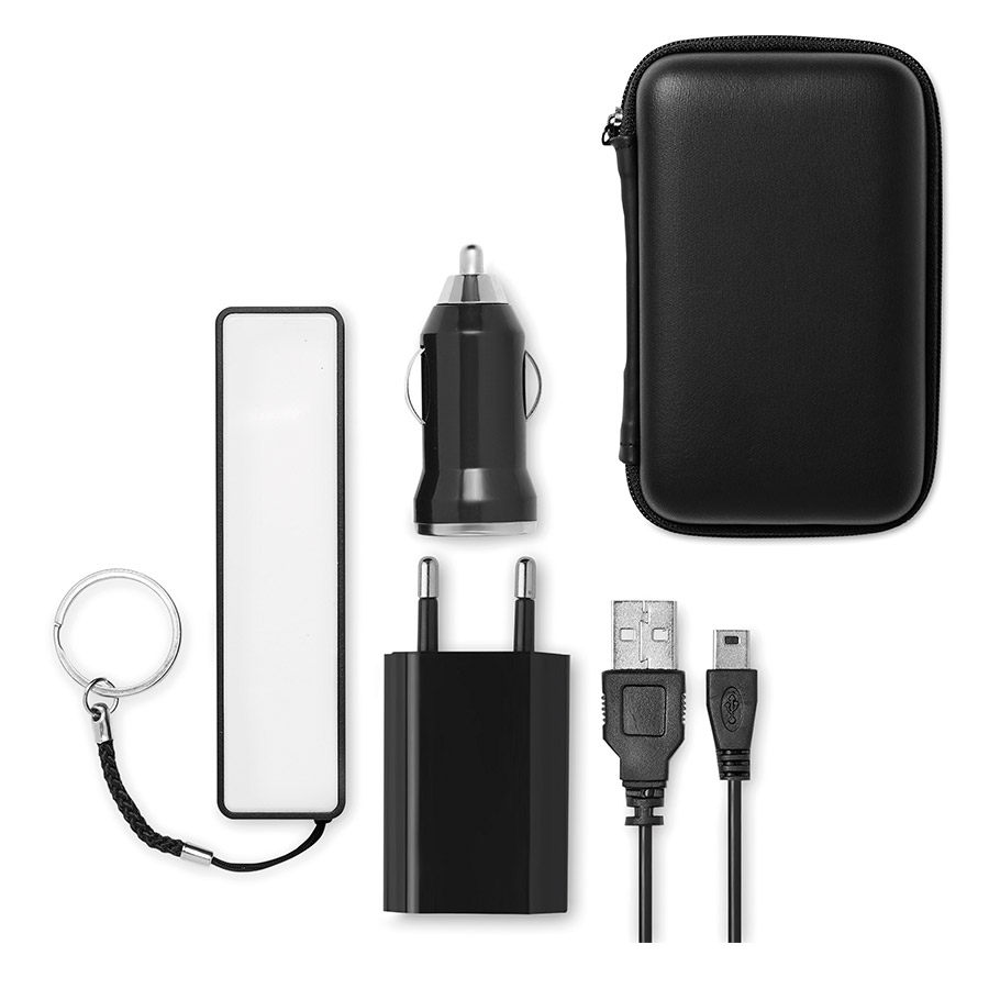 SET PUBLICITAIRE AVEC BATTERIE DE SECOURS 2000 MAH, CHARGEUR ALLUME-CIGARE, CABLE DE CHARGE ET PRISE