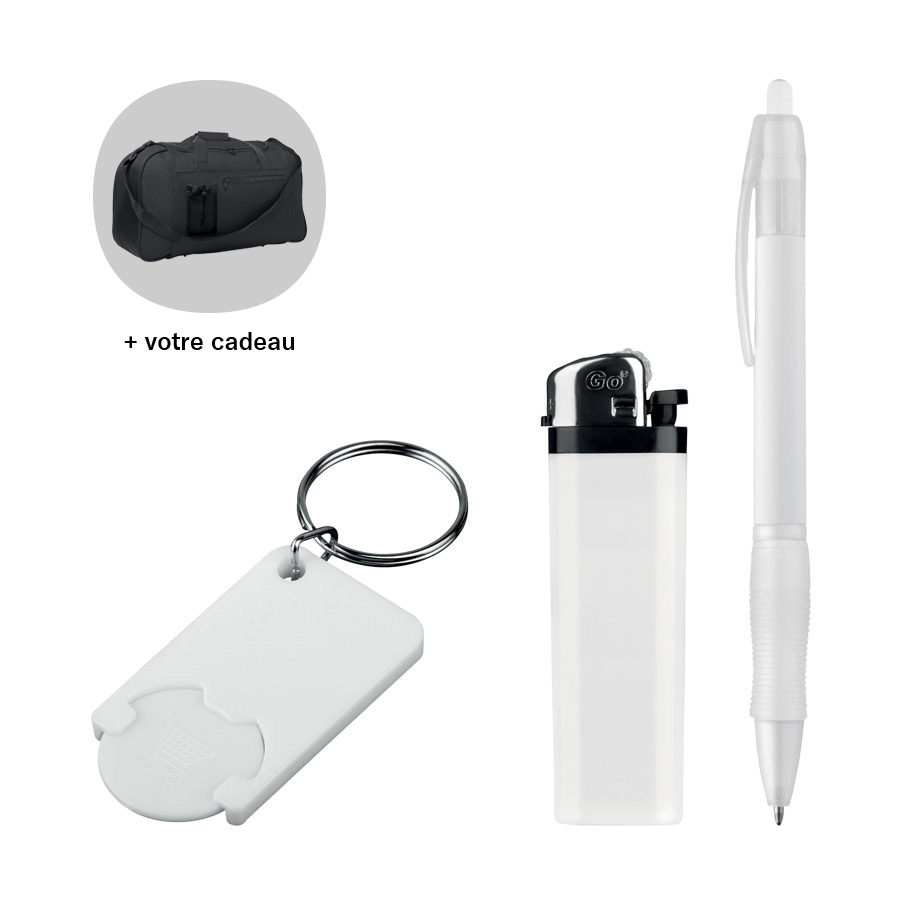 LOT PUBLICITAIRE 400 STYLOS ALASSIO + 300 BRIQUETS URANUS + 300 PORTE-CLES TOKEN + 1 CADEAU